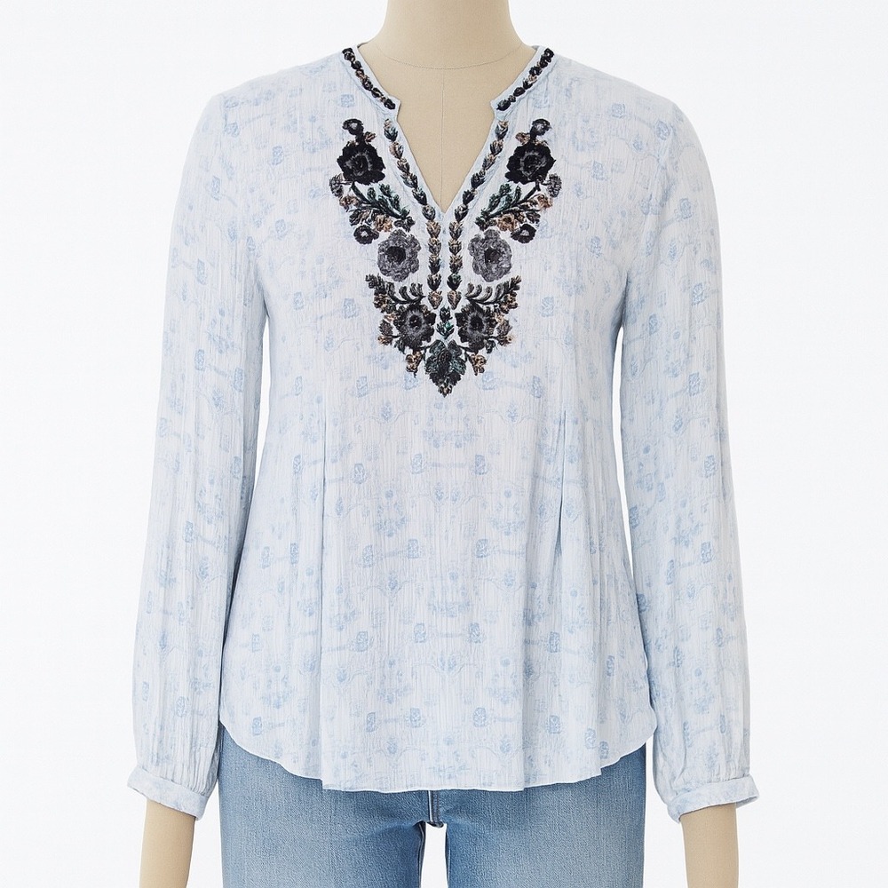 Tantrums Blouse Womens Floral Embroidered Long Sleeve Hippie Boho Blue Size M